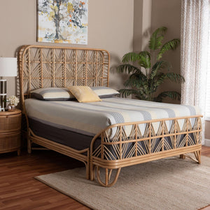 Baxton Studio bali Bali Hadley Queen Natural Rattan Bed Frame with Geometric Headboard - Coastal Boho Bedroom Style Hadley-Natural/Rattan-Queen