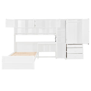English Elm Wooden Twin Loft Bed with Built-in Desk Wardrobe Storage Drawers and Led Lighting N820S00069K