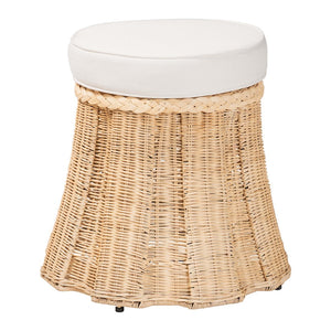 Baxton Studio bali Ying Round Natural Rattan Ottoman with Pleated Skirt - Handwoven Accent Table for Living Spaces Small Ying-Small-Natural/Rattan-Cushion-Ottoman