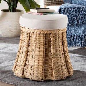 Baxton Studio bali Ying Round Natural Rattan Ottoman with Pleated Skirt - Handwoven Accent Table for Living Spaces Small Ying-Small-Natural/Rattan-Cushion-Ottoman
