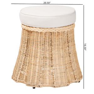 Baxton Studio bali Ying Round Natural Rattan Ottoman with Pleated Skirt - Handwoven Accent Table for Living Spaces Small Ying-Small-Natural/Rattan-Cushion-Ottoman