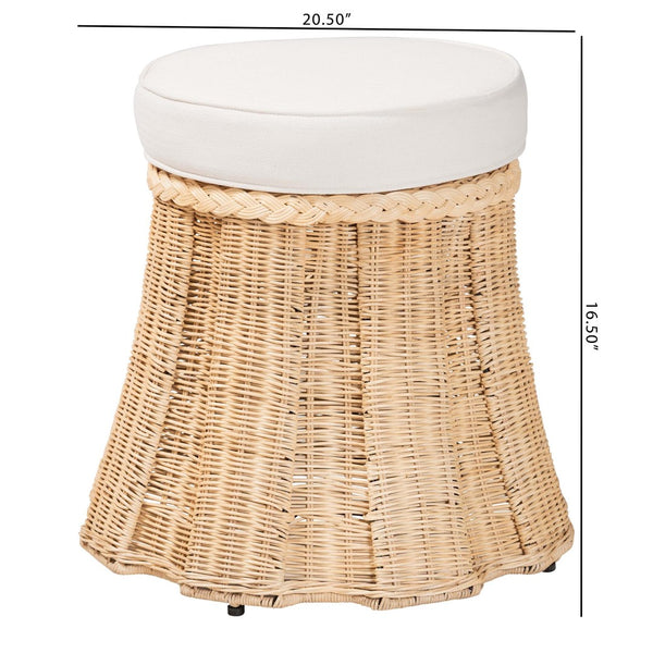 Baxton Studio bali Ying Round Natural Rattan Ottoman with Pleated Skirt - Handwoven Accent Table for Living Spaces Small Ying-Small-Natural/Rattan-Cushion-Ottoman