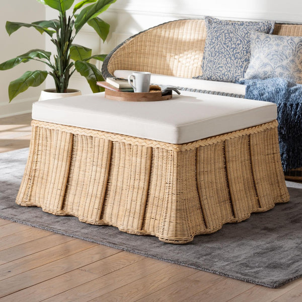 Baxton Studio bali Bali Rotem Natural Rattan Ottoman - Handwoven Accent Coffee Table with Cushion for Stylish Living Spaces Large Rotem-Large-Natural/Rattan-Cushion-Ottoman