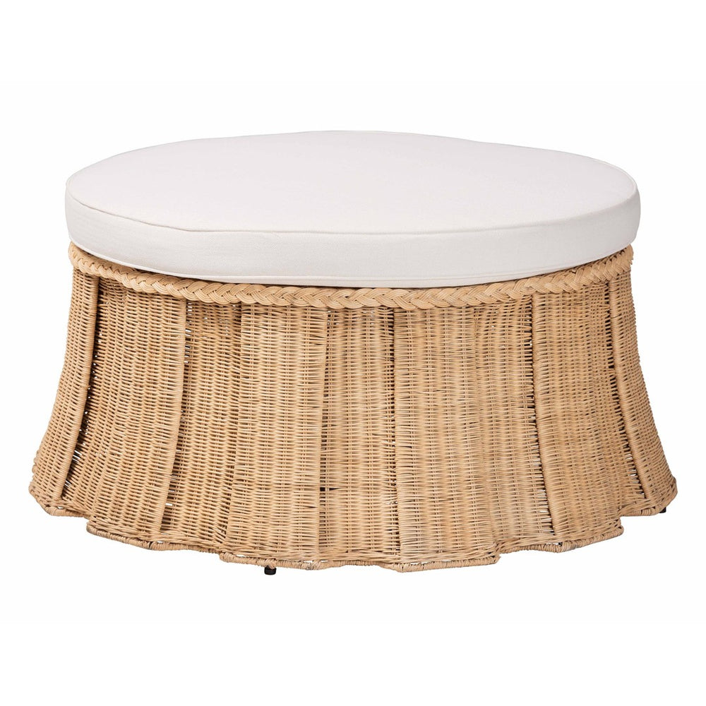 Baxton Studio bali Ying Round Natural Rattan Ottoman with Pleated Skirt - Handwoven Accent Table for Living Spaces Large Ying-Large-Natural/Rattan-Cushion-Ottoman