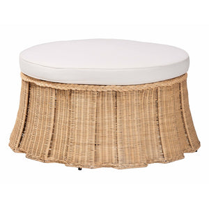 Baxton Studio bali Ying Round Natural Rattan Ottoman with Pleated Skirt - Handwoven Accent Table for Living Spaces Large Ying-Large-Natural/Rattan-Cushion-Ottoman