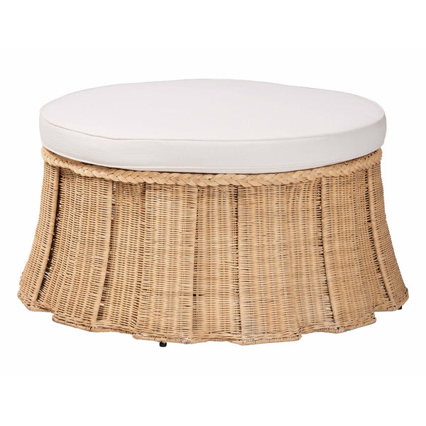 Baxton Studio bali Ying Round Natural Rattan Ottoman with Pleated Skirt - Handwoven Accent Table for Living Spaces Large Ying-Large-Natural/Rattan-Cushion-Ottoman