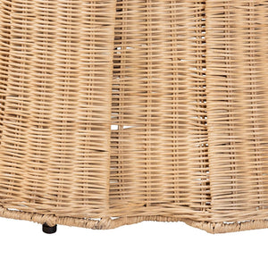 Baxton Studio bali Ying Round Natural Rattan Ottoman with Pleated Skirt - Handwoven Accent Table for Living Spaces Large Ying-Large-Natural/Rattan-Cushion-Ottoman