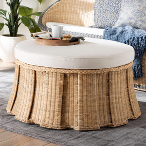 Baxton Studio bali Ying Round Natural Rattan Ottoman with Pleated Skirt - Handwoven Accent Table for Living Spaces Large Ying-Large-Natural/Rattan-Cushion-Ottoman