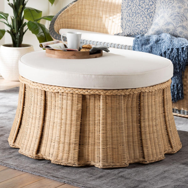 Baxton Studio bali Ying Round Natural Rattan Ottoman with Pleated Skirt - Handwoven Accent Table for Living Spaces Large Ying-Large-Natural/Rattan-Cushion-Ottoman