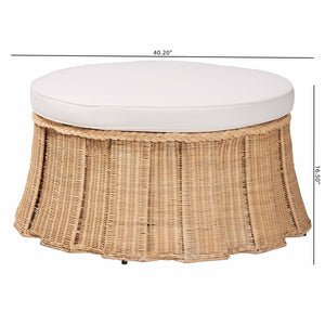 Baxton Studio bali Ying Round Natural Rattan Ottoman with Pleated Skirt - Handwoven Accent Table for Living Spaces Large Ying-Large-Natural/Rattan-Cushion-Ottoman