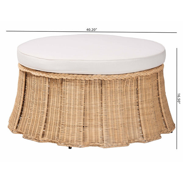 Baxton Studio bali Ying Round Natural Rattan Ottoman with Pleated Skirt - Handwoven Accent Table for Living Spaces Large Ying-Large-Natural/Rattan-Cushion-Ottoman