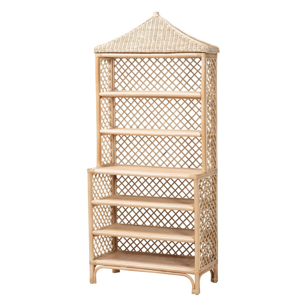 Baxton Studio bali Adonis Rattan Display Shelf – 6-Tier Pagoda Top Bookcase, Coastal Boho Storage Organizer Unit Adonis-Natural/Rattan-Shelf