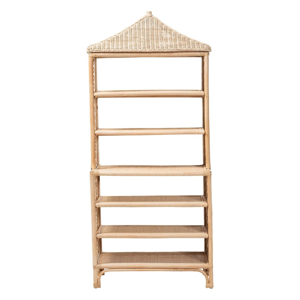 Baxton Studio bali Adonis Rattan Display Shelf – 6-Tier Pagoda Top Bookcase, Coastal Boho Storage Organizer Unit Adonis-Natural/Rattan-Shelf
