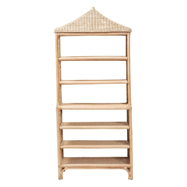 Baxton Studio bali Adonis Rattan Display Shelf – 6-Tier Pagoda Top Bookcase, Coastal Boho Storage Organizer Unit Adonis-Natural/Rattan-Shelf