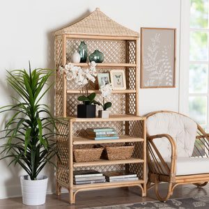 Baxton Studio bali Adonis Rattan Display Shelf – 6-Tier Pagoda Top Bookcase, Coastal Boho Storage Organizer Unit Adonis-Natural/Rattan-Shelf