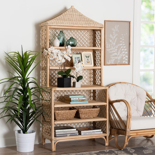 Baxton Studio bali Adonis Rattan Display Shelf – 6-Tier Pagoda Top Bookcase, Coastal Boho Storage Organizer Unit Adonis-Natural/Rattan-Shelf