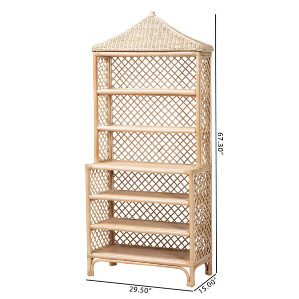 Baxton Studio bali Adonis Rattan Display Shelf – 6-Tier Pagoda Top Bookcase, Coastal Boho Storage Organizer Unit Adonis-Natural/Rattan-Shelf