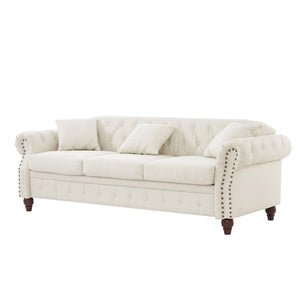 English Elm 85.8" Living Room Chesterfield Sofa with Storage Classic Tufted PU Upholstery Solid Wood Frame, 3-Seater Comfort Ivory White W1097S00150