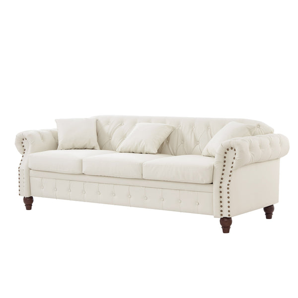 English Elm 85.8" Living Room Chesterfield Sofa with Storage Classic Tufted PU Upholstery Solid Wood Frame, 3-Seater Comfort Ivory White W1097S00150