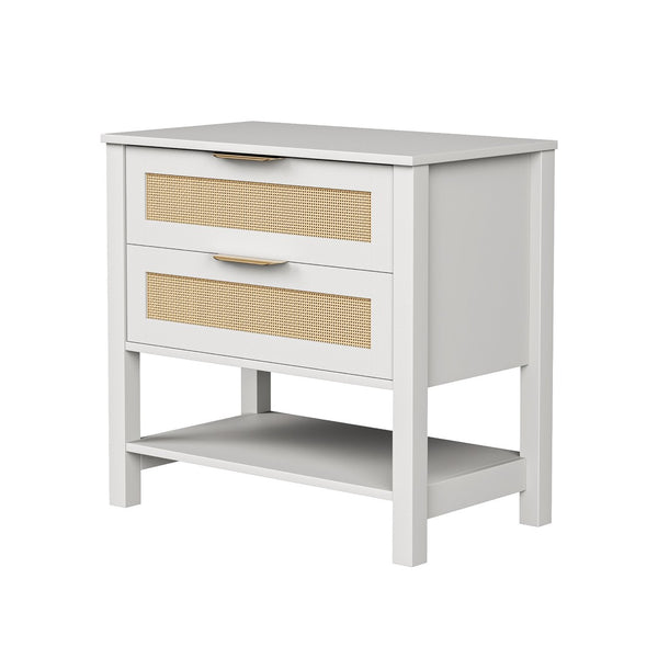 English Elm Rattan Front Boho Coastal Nightstand with Gold Pulls Open Shelf and Woven Drawer Accents White T3210P471548
