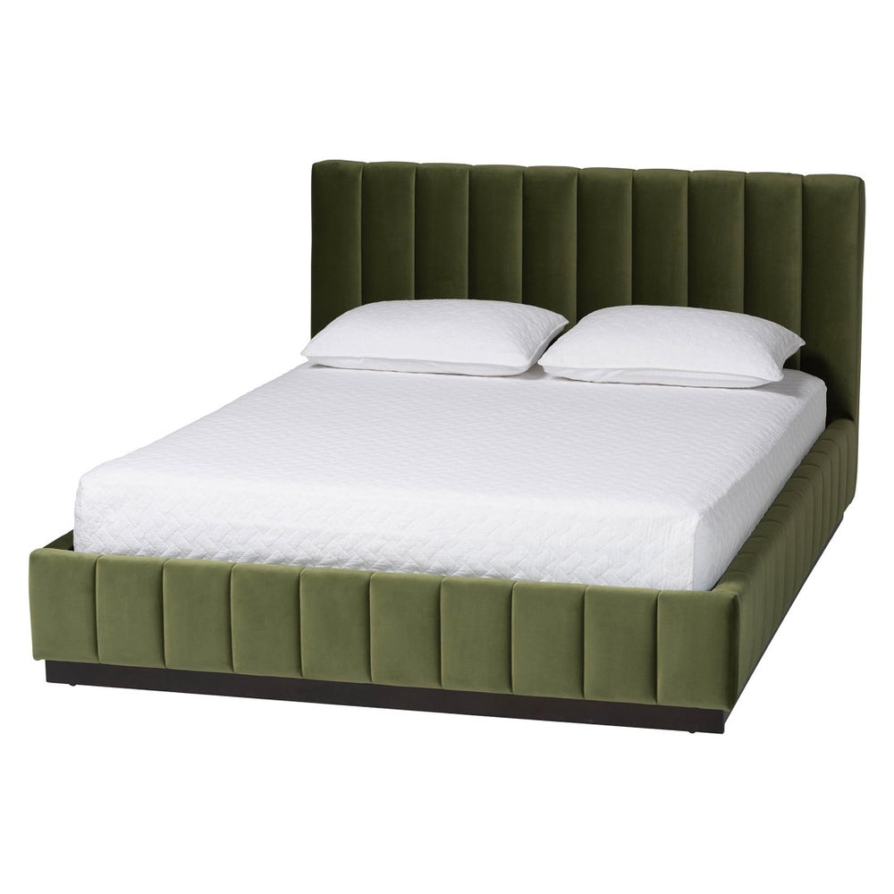 Baxton Studio Baxton Studio Granger Velvet Bed - Modern Low Profile Frame with Channel Tufted Headboard, Queen Size BBT61347-Moss Green Velvet/Wenge-Queen