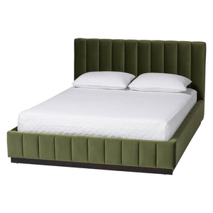 Baxton Studio Baxton Studio Granger Velvet Bed - Modern Low Profile Frame with Channel Tufted Headboard, Queen Size BBT61347-Moss Green Velvet/Wenge-Queen
