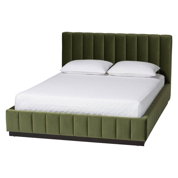 Baxton Studio Baxton Studio Granger Velvet Bed - Modern Low Profile Frame with Channel Tufted Headboard, Queen Size BBT61347-Moss Green Velvet/Wenge-Queen