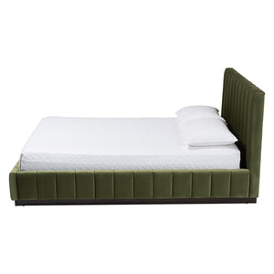 Baxton Studio Baxton Studio Granger Velvet Bed - Modern Low Profile Frame with Channel Tufted Headboard, Queen Size BBT61347-Moss Green Velvet/Wenge-Queen