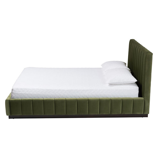 Baxton Studio Baxton Studio Granger Velvet Bed - Modern Low Profile Frame with Channel Tufted Headboard, Queen Size BBT61347-Moss Green Velvet/Wenge-Queen