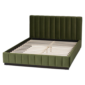 Baxton Studio Baxton Studio Granger Velvet Bed - Modern Low Profile Frame with Channel Tufted Headboard, Queen Size BBT61347-Moss Green Velvet/Wenge-Queen
