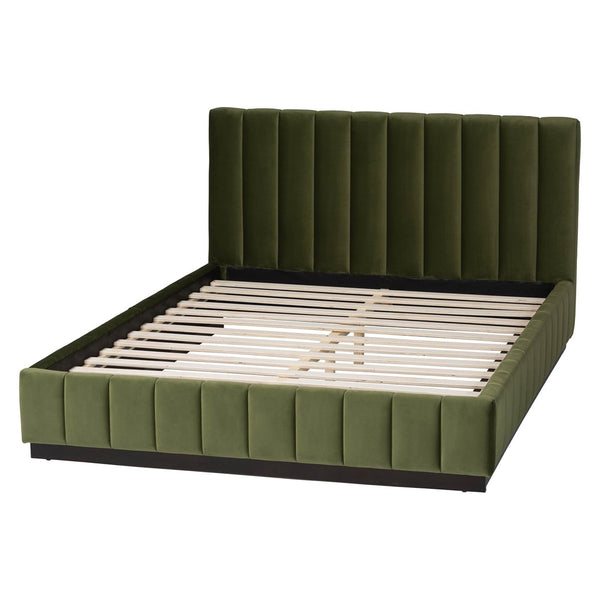 Baxton Studio Baxton Studio Granger Velvet Bed - Modern Low Profile Frame with Channel Tufted Headboard, Queen Size BBT61347-Moss Green Velvet/Wenge-Queen
