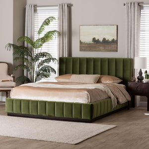 Baxton Studio Baxton Studio Granger Velvet Bed - Modern Low Profile Frame with Channel Tufted Headboard, Queen Size BBT61347-Moss Green Velvet/Wenge-Queen