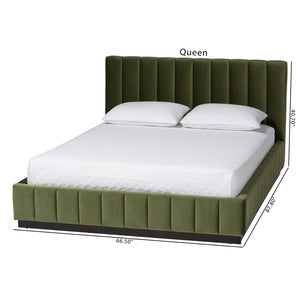 Baxton Studio Baxton Studio Granger Velvet Bed - Modern Low Profile Frame with Channel Tufted Headboard, Queen Size BBT61347-Moss Green Velvet/Wenge-Queen