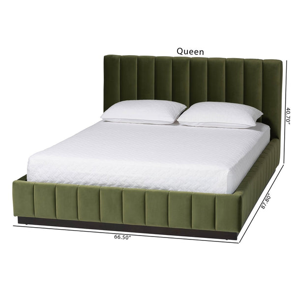 Baxton Studio Baxton Studio Granger Velvet Bed - Modern Low Profile Frame with Channel Tufted Headboard, Queen Size BBT61347-Moss Green Velvet/Wenge-Queen