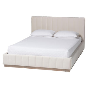 Baxton Studio Baxton Studio Granger Velvet Bed Frame, Channel Tufted Headboard, Modern Low Profile, Alabaster Queen BBT61347-Alabaster White Velvet/White Washed Oak-Queen