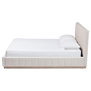 Baxton Studio Baxton Studio Granger Velvet Bed Frame, Channel Tufted Headboard, Modern Low Profile, Alabaster Queen BBT61347-Alabaster White Velvet/White Washed Oak-Queen