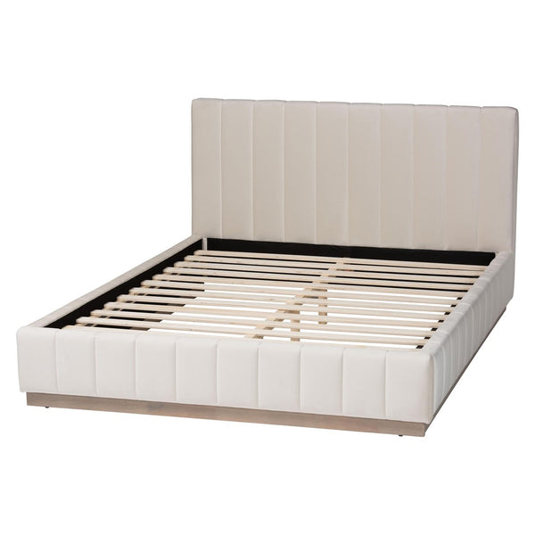 Baxton Studio Baxton Studio Granger Velvet Bed Frame, Channel Tufted Headboard, Modern Low Profile, Alabaster Queen BBT61347-Alabaster White Velvet/White Washed Oak-Queen