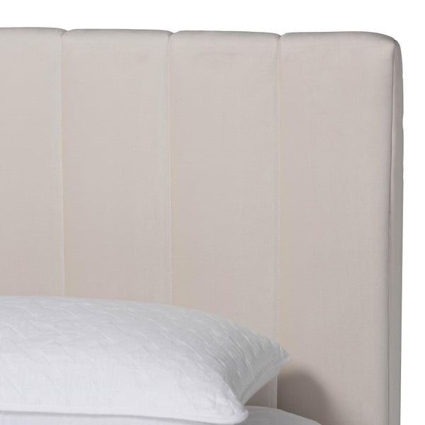 Baxton Studio Baxton Studio Granger Velvet Bed Frame, Channel Tufted Headboard, Modern Low Profile, Alabaster Queen BBT61347-Alabaster White Velvet/White Washed Oak-Queen