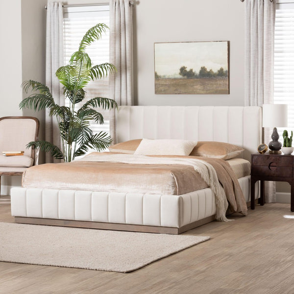 Baxton Studio Baxton Studio Granger Velvet Bed Frame, Channel Tufted Headboard, Modern Low Profile, Alabaster Queen BBT61347-Alabaster White Velvet/White Washed Oak-Queen