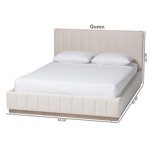 Baxton Studio Baxton Studio Granger Velvet Bed Frame, Channel Tufted Headboard, Modern Low Profile, Alabaster Queen BBT61347-Alabaster White Velvet/White Washed Oak-Queen