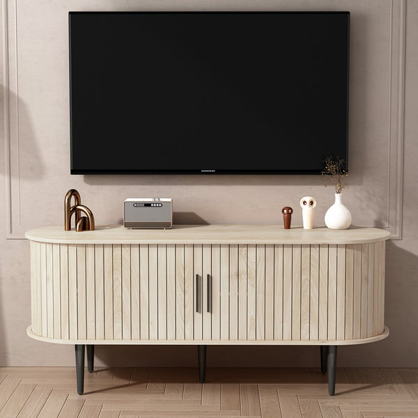 English Elm Tv Stand 47 Inch Mid-century Console with Fluted Sliding Door and Tapered Wood Legs W2641P442533