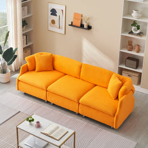 English Elm 95.3 Teddy Two Throw Pillow 3-Seat Sofa with Plush Teddy Fabric, Solid Wood Frame and Metal Legs Orange W1278S00071