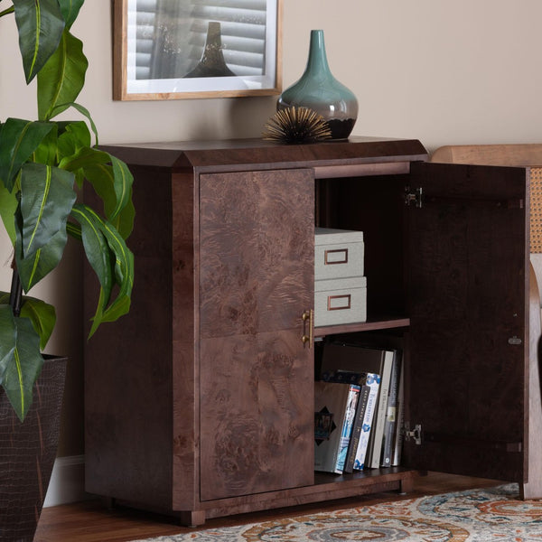 Baxton Studio bali Valora Elegant Real Burl Wood Storage Cabinet - Modern Double Door Sideboard for Your Home Decor SVN-1308B-Dark Walnut-Nebu-2DR-Cabinet