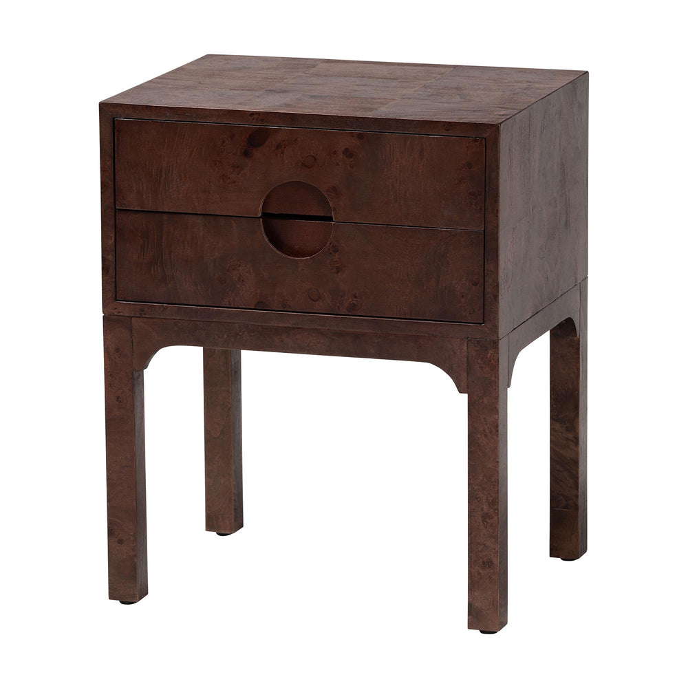 Baxton Studio Bali Kayla Modern Burl Wood Nightstand In Dark Walnut - Unique Bedside Table With Two Drawers Dark Walnut Frame, Burl Wood Veneer + Mdf,Mindi Wood Legs,Plywood(Drawers) Svn-1152-dark Walnut Op1-kayla-ns
