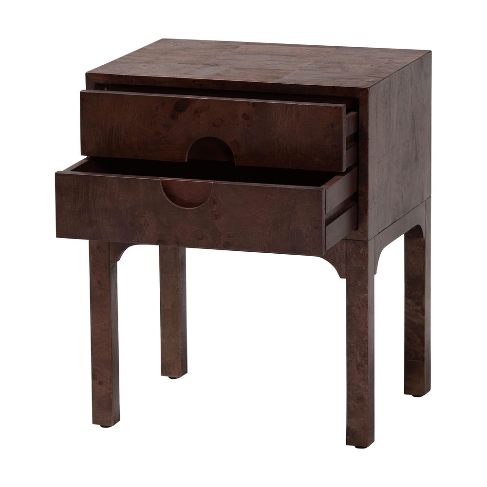 Baxton Studio Bali Kayla Modern Burl Wood Nightstand In Dark Walnut - Unique Bedside Table With Two Drawers Dark Walnut Frame, Burl Wood Veneer + Mdf,Mindi Wood Legs,Plywood(Drawers) Svn-1152-dark Walnut Op1-kayla-ns