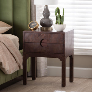 Baxton Studio Bali Kayla Modern Burl Wood Nightstand In Dark Walnut - Unique Bedside Table With Two Drawers Dark Walnut Frame, Burl Wood Veneer + Mdf,Mindi Wood Legs,Plywood(Drawers) Svn-1152-dark Walnut Op1-kayla-ns
