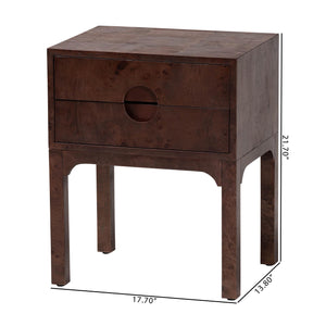 Baxton Studio Bali Kayla Modern Burl Wood Nightstand In Dark Walnut - Unique Bedside Table With Two Drawers Dark Walnut Frame, Burl Wood Veneer + Mdf,Mindi Wood Legs,Plywood(Drawers) Svn-1152-dark Walnut Op1-kayla-ns