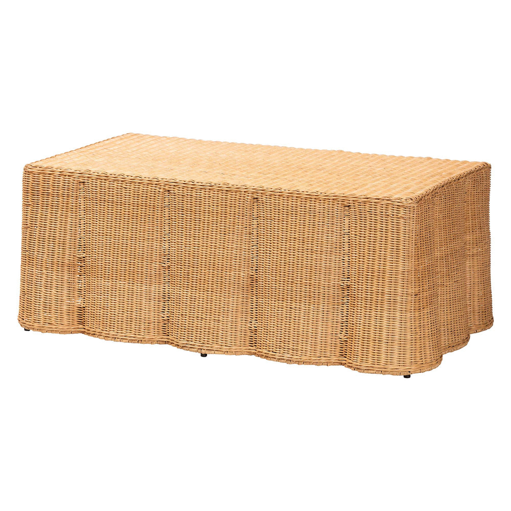 Baxton Studio Bali Palm Scalloped Rattan Coffee Table - Handcrafted Wicker Accent Table For Chic Coastal Living Light Honey Natural Rattan,Plywood(Underneath Tabletop),Metal(Internal Frame） Palm-light Honey Rattan-rectangular-coffee Table