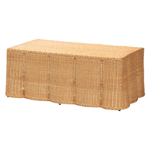Baxton Studio Bali Palm Scalloped Rattan Coffee Table - Handcrafted Wicker Accent Table For Chic Coastal Living Light Honey Natural Rattan,Plywood(Underneath Tabletop),Metal(Internal Frame） Palm-light Honey Rattan-rectangular-coffee Table