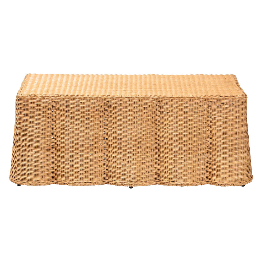 Baxton Studio Bali Palm Scalloped Rattan Coffee Table - Handcrafted Wicker Accent Table For Chic Coastal Living Light Honey Natural Rattan,Plywood(Underneath Tabletop),Metal(Internal Frame） Palm-light Honey Rattan-rectangular-coffee Table